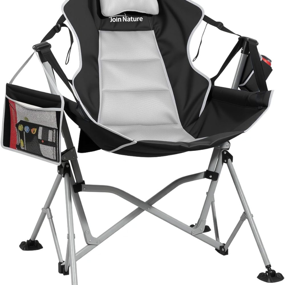 Oversized Hammock Camping Chairs, Folding Swing Chair with 1-Step Design, Swinging Hammock Chair with Adjustable Backrest, Lumbar Support & Headrest for Outdoor&Indoor, Support 400LBS, Black