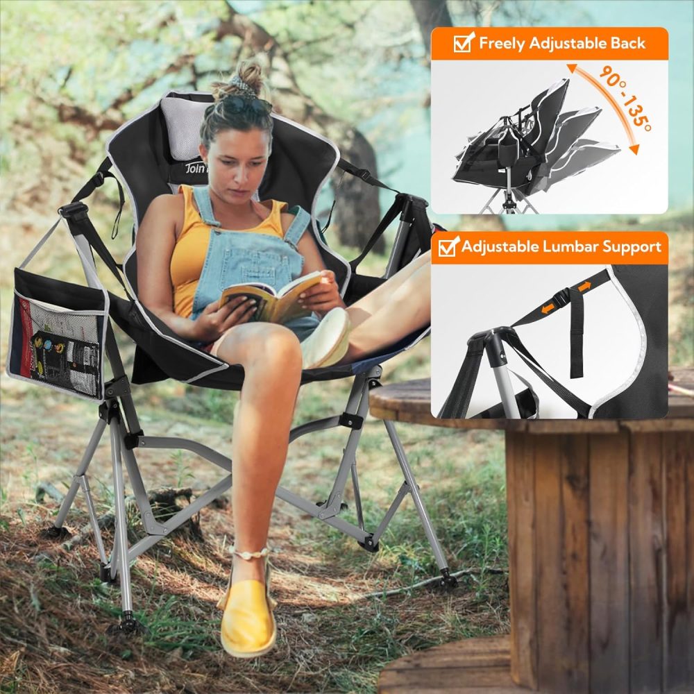 Oversized Hammock Camping Chairs, Folding Swing Chair with 1-Step Design, Swinging Hammock Chair with Adjustable Backrest, Lumbar Support & Headrest for Outdoor&Indoor, Support 400LBS, Black - Image 6