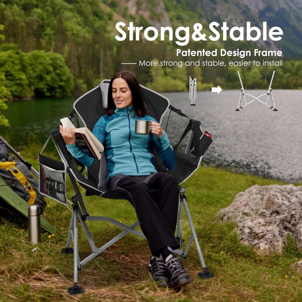 Oversized Hammock Camping Chairs, Folding Swing Chair with 1-Step Design, Swinging Hammock Chair with Adjustable Backrest, Lumbar Support & Headrest for Outdoor&Indoor, Support 400LBS, Black - Image 7