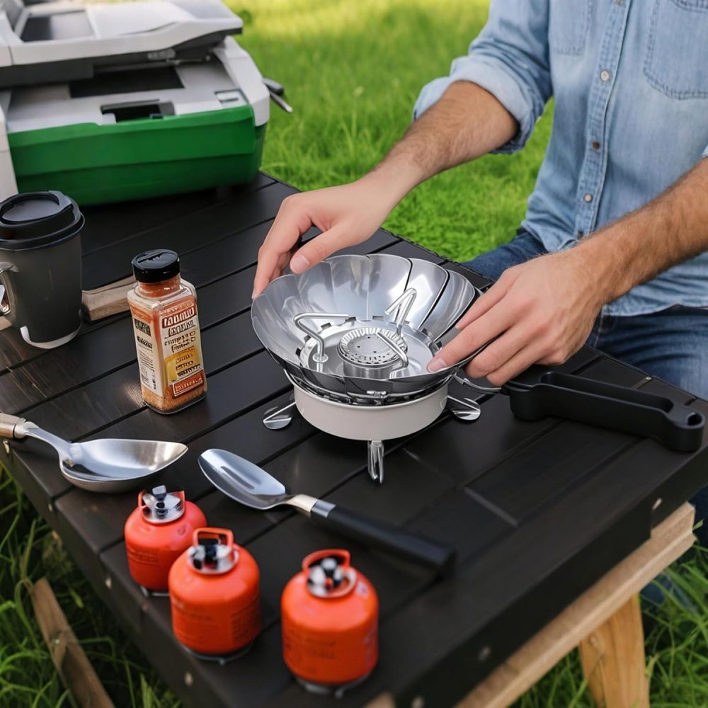 Windproof Camping Stove with Piezo Ignition, Portable Gas Stove for Camping, Backpacking Camp Stove for Outdoor Cooking, Folding Lotus Windshield, Small Adjustable Burner for BBQ, Hiking, Picnic - Image 4